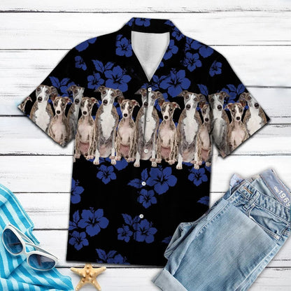 Pretty Whippet Dogs With Blue Hibiscus In Black Hawaiian Shirt, Hawaiian Shirt Gift, Christmas Gift