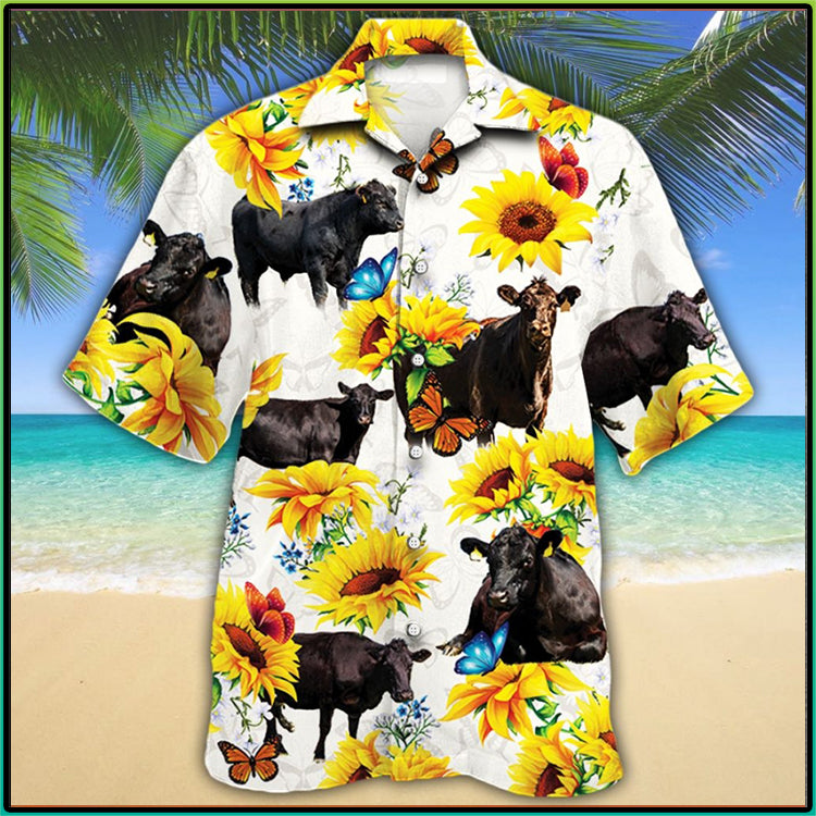Black Angus Cattle Sunflower Hawaiian Shirt,Hawaiian Shirt Gift, Christmas Gift