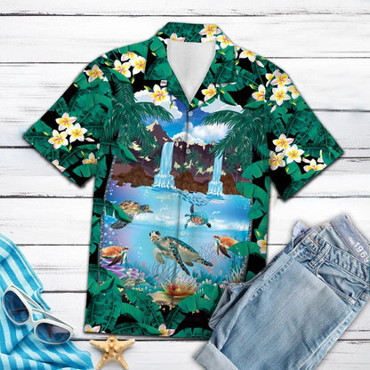 Awesome Turtle Palm Leaves Hibiscus Summer Vacation Themed Hawaiian Shirt, Hawaiian Shirt Gift, Christmas Gift