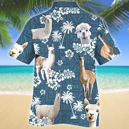 Llama Blue Tribal Hibiscus On Denim Jean Pattern Hawaiian Shirt, Hawaiian Shirt Gift, Christmas Gift