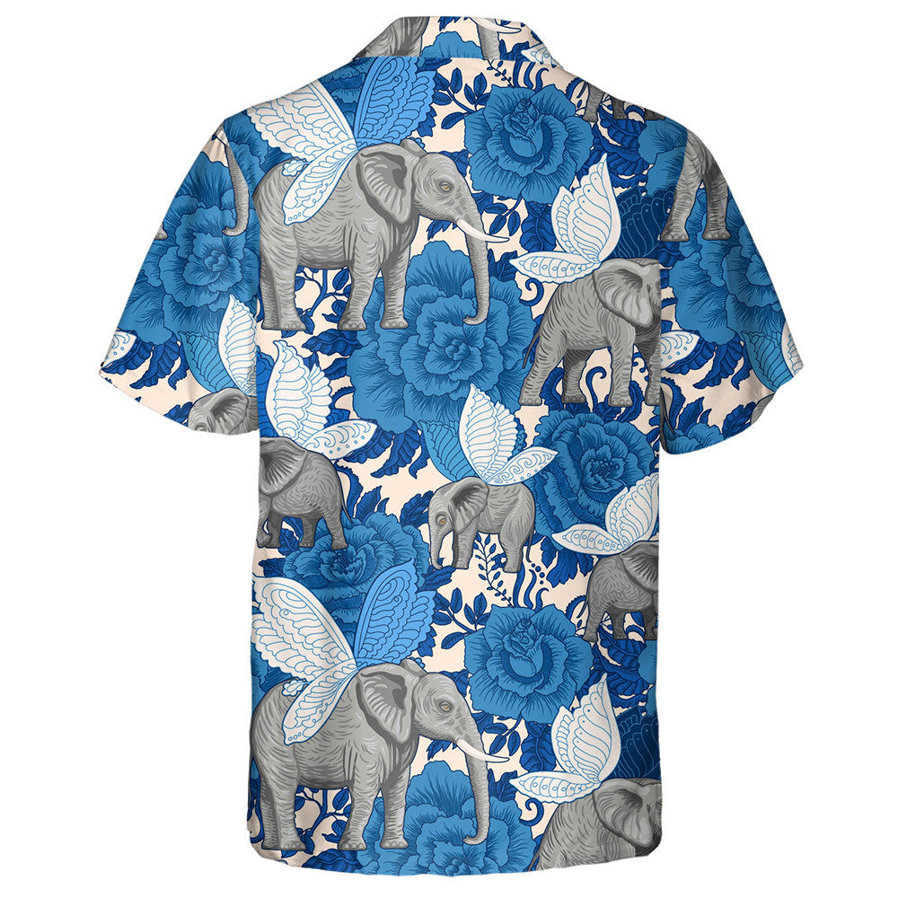 Blue Flowers And Flying Elephants With Butterfly Wings Hawaiian Shirt, Hawaiian Shirt Gift, Christmas Gift