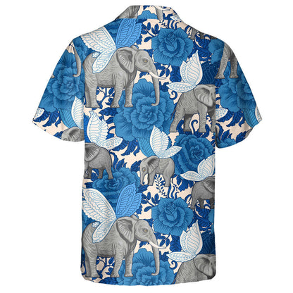 Blue Flowers And Flying Elephants With Butterfly Wings Hawaiian Shirt, Hawaiian Shirt Gift, Christmas Gift