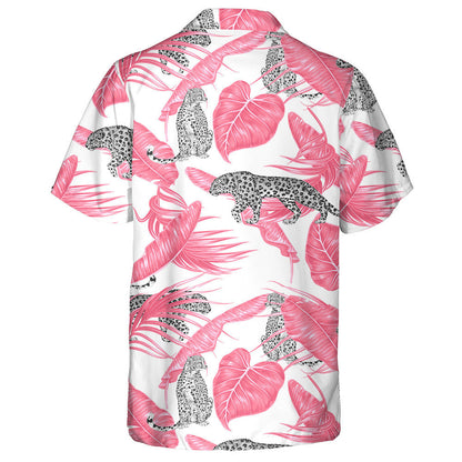 Modern Cartoon Leopard And Tropical Pink Palm Leaves Hawaiian Shirt, Hawaiian Shirt Gift, Christmas Gift