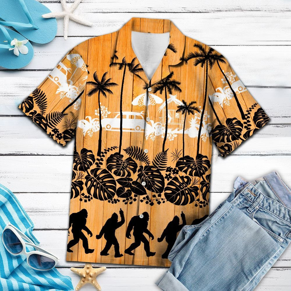 Black Bigfoot And Palm Tree Summer Time Pattern Hawaiian Shirt, Hawaiian Shirt Gift, Christmas Gift