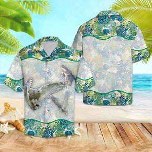 White Owl Flying With Watercolor Tropical Leaves Hawaiian Shirt, Hawaiian Shirt Gift, Christmas Gift