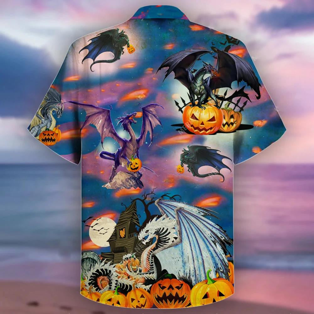 Viking Dragon Halloween Night Scene With Pumpkin Hawaiian Shirt, Hawaiian Shirt Gift, Christmas Gift