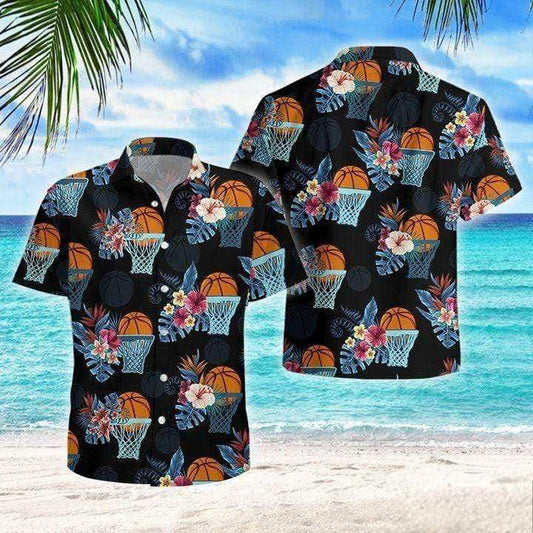 Colorful Basketball And Flowers Tropical Design Hawaiian Shirt, Hawaiian For Gift