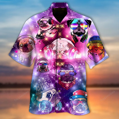Colorful Galaxy Themed Feeling Music With Pugs Design Hawaiian Shirt, Hawaiian Shirt Gift, Christmas Gift