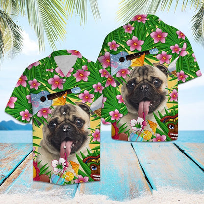 Tongue Out Pug Summer Party Tropical Plants Pattern Hawaiian Shirt, Hawaiian Shirt Gift, Christmas Gift