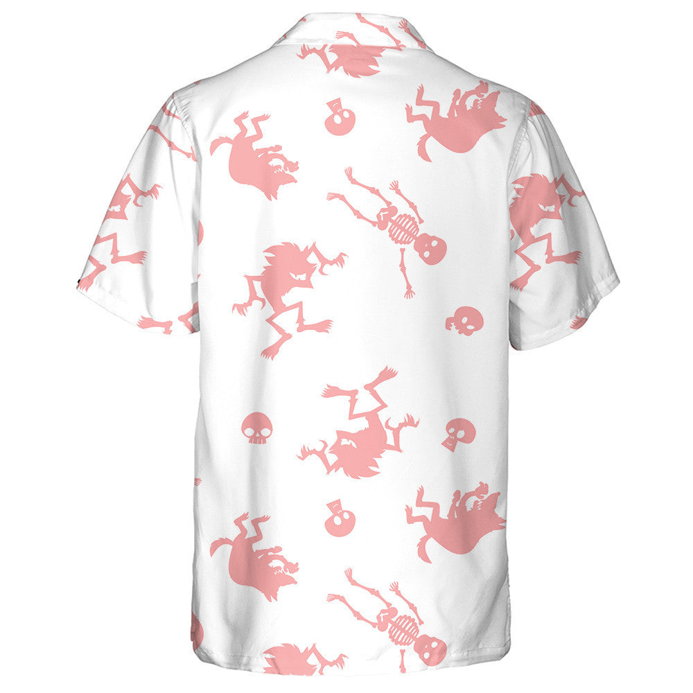 Halloween Wolf And Skeleton Pink Style Hawaiian Shirt, Hawaiian For Gift