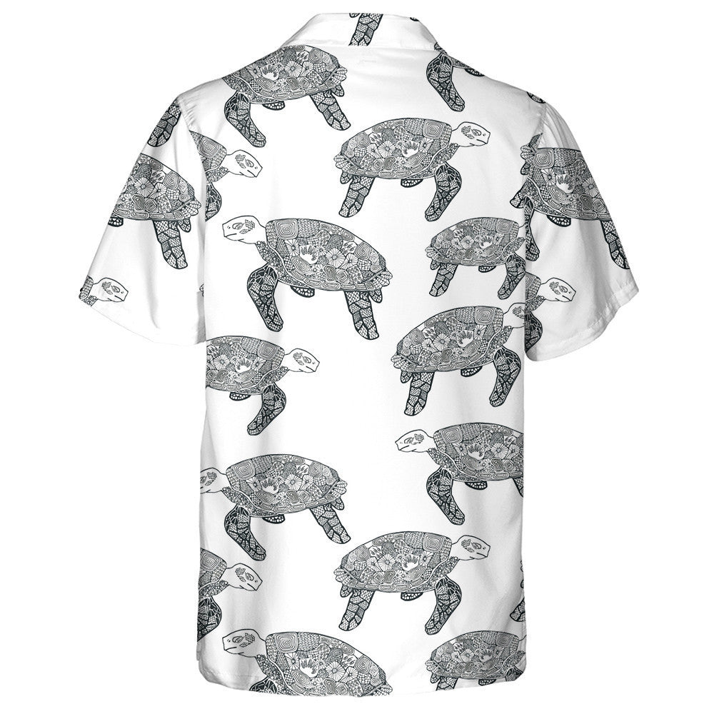 Hand Drawn Ethnic With Turtles Black And White Hawaiian Shirt, Hawaiian Shirt Gift, Christmas Gift