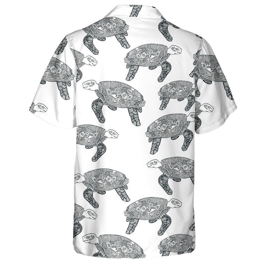 Hand Drawn Ethnic With Turtles Black And White Hawaiian Shirt, Hawaiian Shirt Gift, Christmas Gift