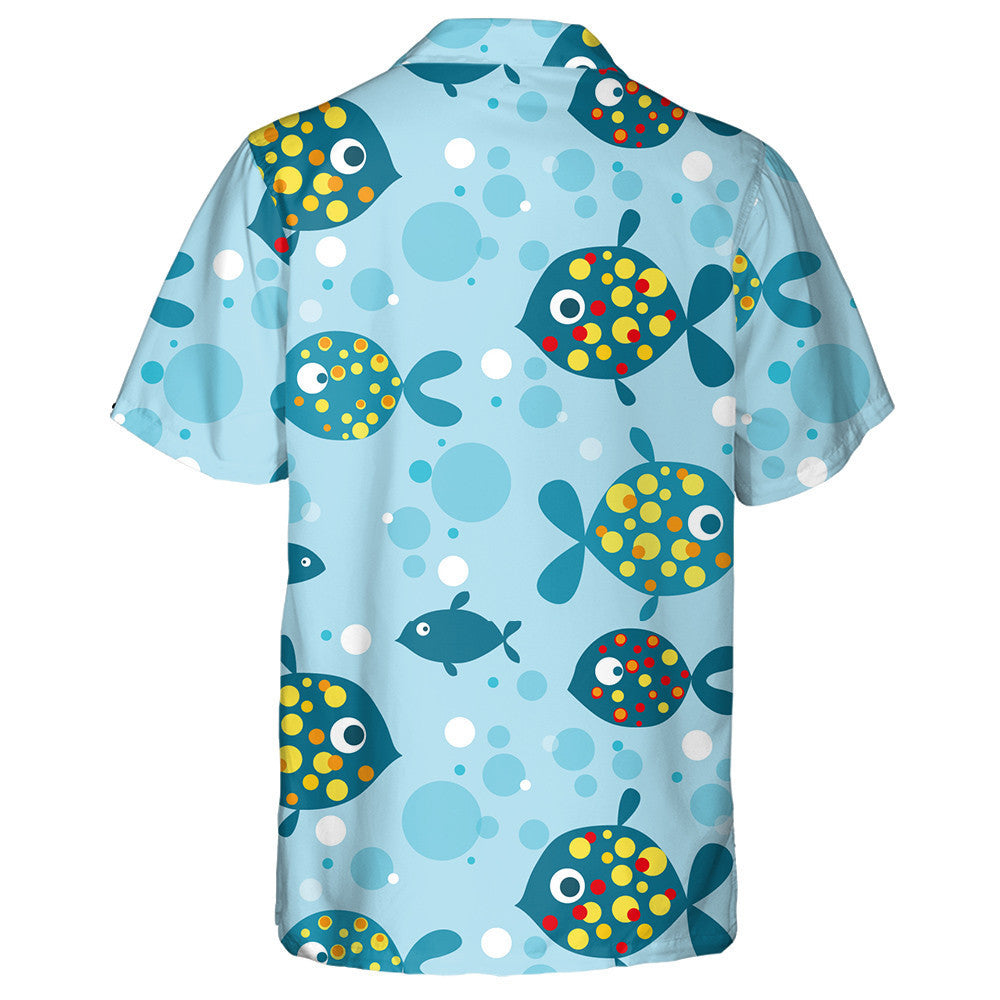 Colorful Dotted Fishes And Bubbles On Blue Background Hawaiian Shirt, Hawaiian Shirt Gift, Christmas Gift