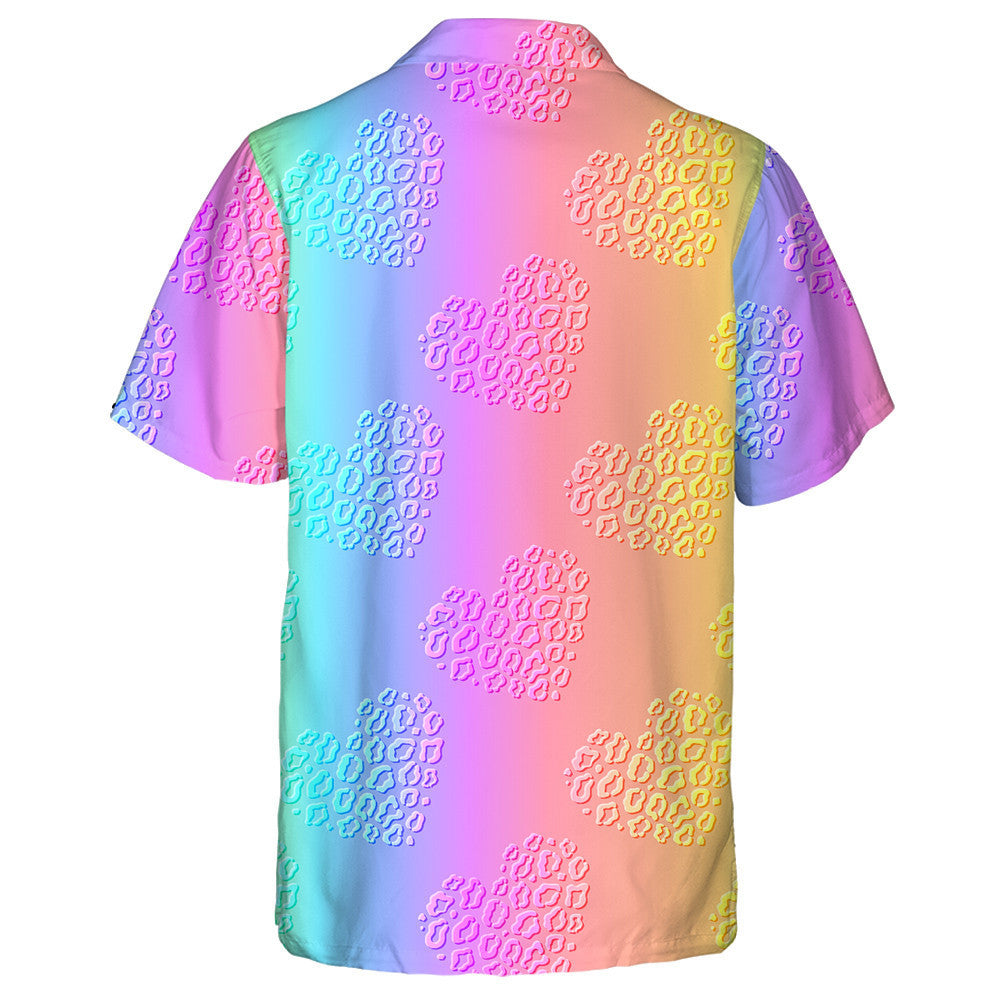 Abstract Romantic Rainbow Iridescent Hearts With Leopard Hawaiian Shirt, Hawaiian Shirt Gift, Christmas Gift