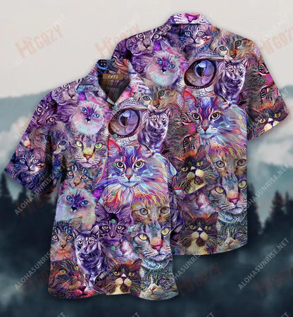 Psychedelic Cat Unisex Short Hawaiian Shirt Summer Hawaiian T Shirts Hawaiian Crazy Shirts Funny Hawaiian Shirts, Hawaiian Shirt Gift, Christmas Gift