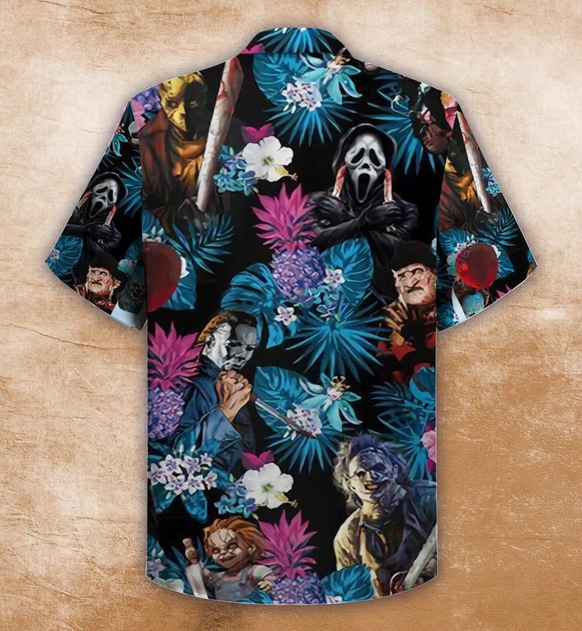 Horror Skull With Tropical Hibiscus Leaf Pattern Hawaiian Shirt, Hawaiian Shirt Gift, Christmas Gift