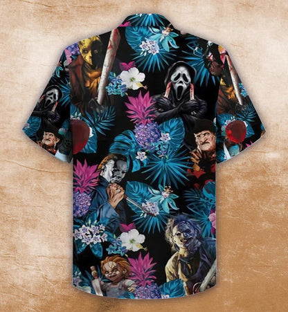 Horror Skull With Tropical Hibiscus Leaf Pattern Hawaiian Shirt, Hawaiian Shirt Gift, Christmas Gift