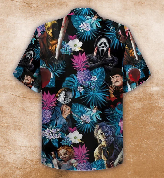 Horror Skull With Tropical Hibiscus Leaf Pattern Hawaiian Shirt, Hawaiian Shirt Gift, Christmas Gift