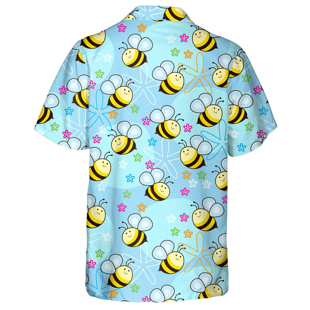 Cute Bees And Exotic Flower On Blue Background Hawaiian Shirt, Hawaiian Shirt Gift, Christmas Gift