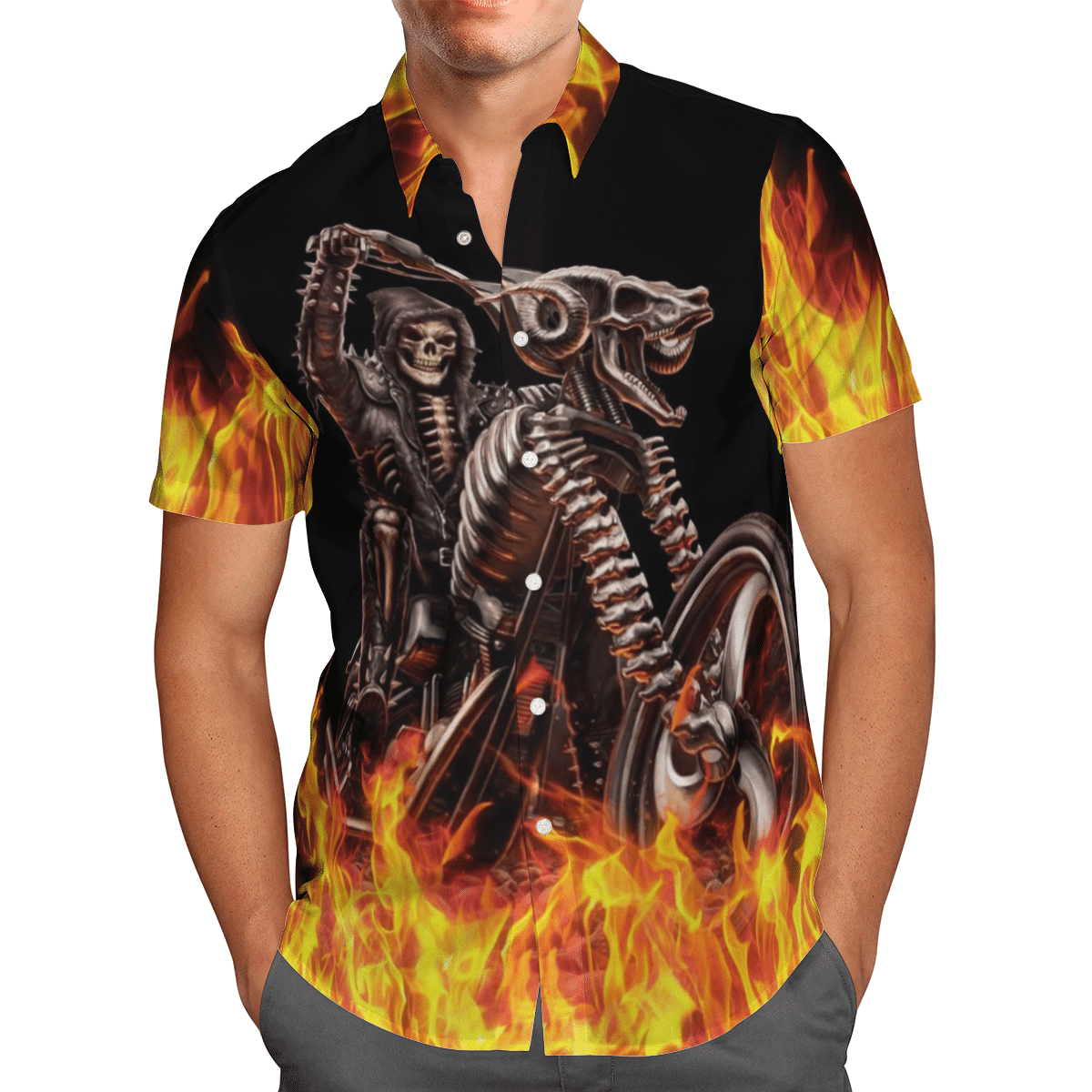 CBiker Skull in Fire Hawaiian Shirt, Hawaiian Shirt Gift, Christmas Gift