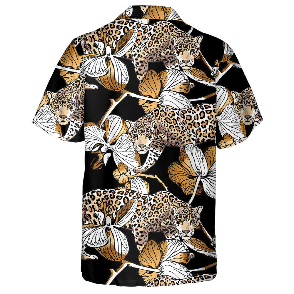 Gold Leopard And Orchid Flowers On Black Background Hawaiian Shirt, Hawaiian Shirt Gift, Christmas Gift
