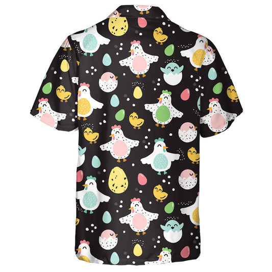 Funny Hens Eggs And Chickens On Black Background Hawaiian Shirt, Hawaiian Shirt Gift, Christmas Gift