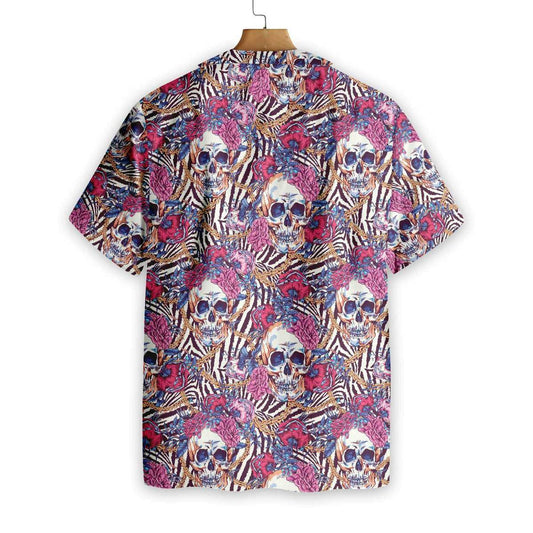 Skull With Roses On Zebra Background Pattern Hawaiian Shirt, Hawaiian Shirt Gift, Christmas Gift