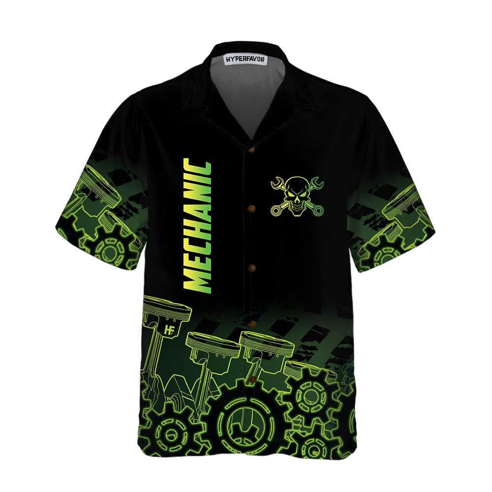 Green Steampunk Gear Mechanic Themed Black Green Design Hawaiian Shirt, Hawaiian Shirt Gift, Christmas Gift