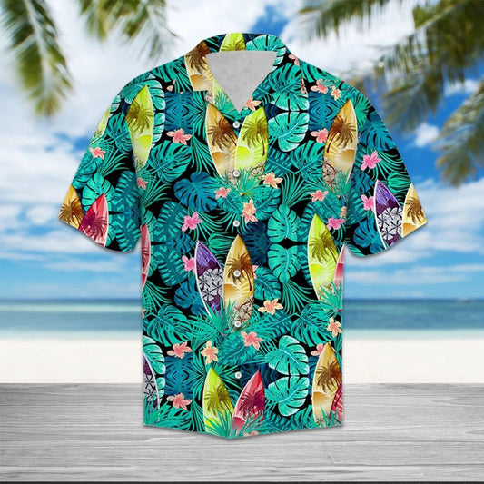 Aloha Surfboard Tropical Palm Leaves Summer Vacation Themed Hawaiian Shirt, Hawaiian Shirt Gift, Christmas Gift