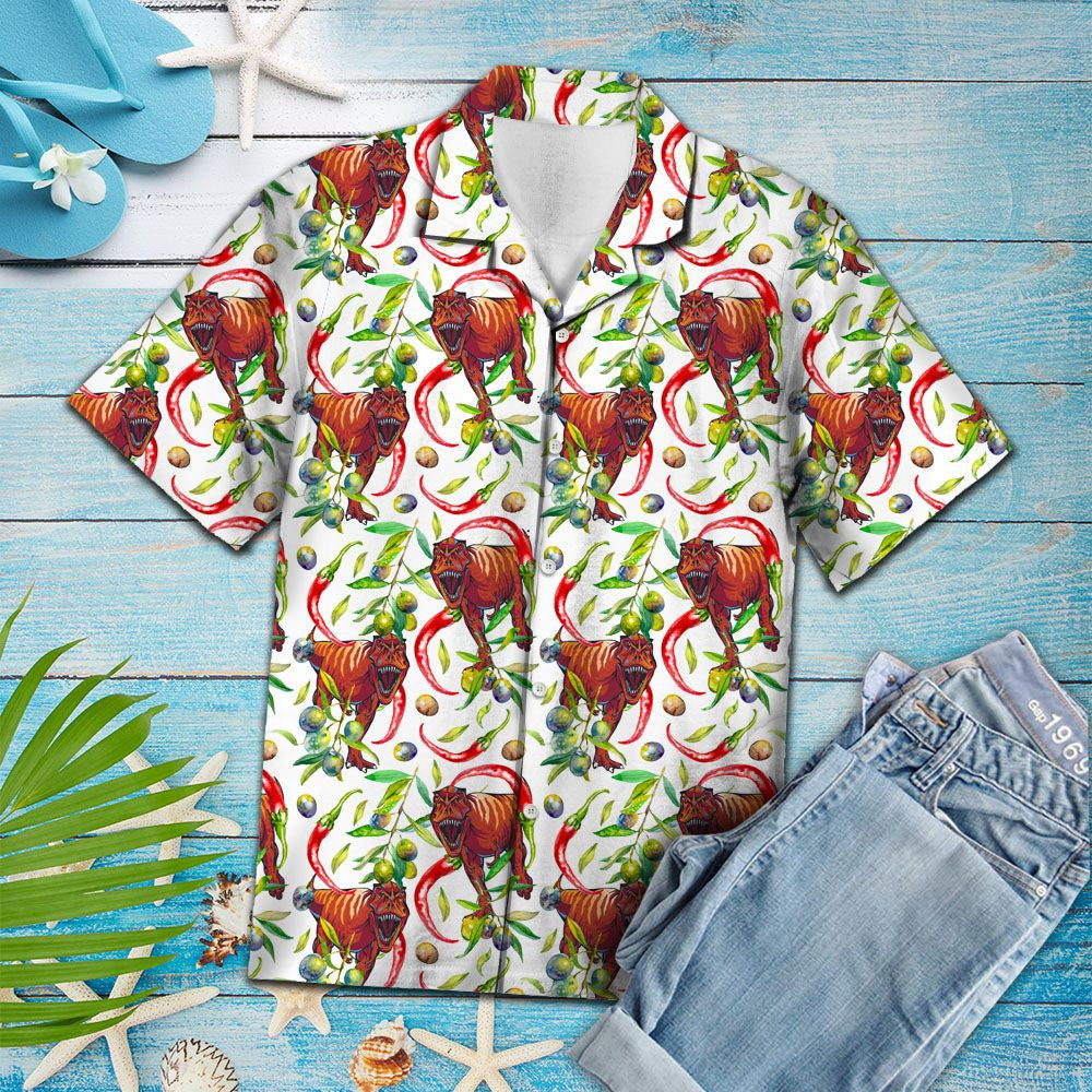 Hot Red Chili Peppers And T-rex Pattern Hawaiian Shirt, Hawaiian Shirt Gift, Christmas Gift