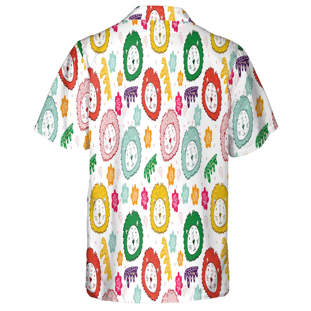 Colorful Lion Face With Flower On White Background Hawaiian Shirt, Hawaiian Shirt Gift, Christmas Gift