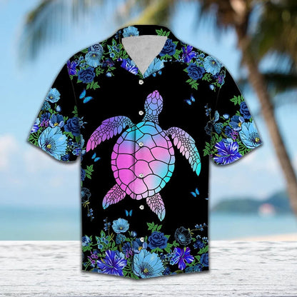 Holographic Blue Flower With Sea Turtle Pattern Hawaiian Shirt, Hawaiian Shirt Gift, Christmas Gift