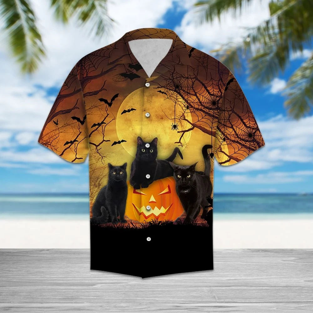 Black Cat Group And Pumpkin Halloween Moonlight Themed Hawaiian Shirt, Hawaiian Shirt Gift, Christmas Gift