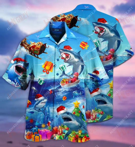 Santa Shark Christmas Unisex Short Hawaiian Shirt Ocean Hawaiian T Shirts Best Hawaiian Shirts Hawaiian Shirts For Women, Hawaiian Shirt Gift, Christmas Gift