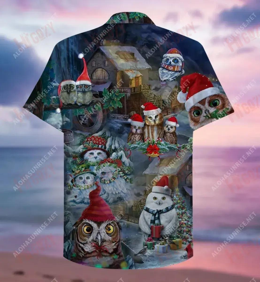 Here Comes The Night Owl Christmas Short Hawaiian Shirt Vacation Hawaiian T Shirts Custom Hawaiian Shirts Hawaiian Shirt Pattern, Hawaiian Shirt Gift, Christmas Gift