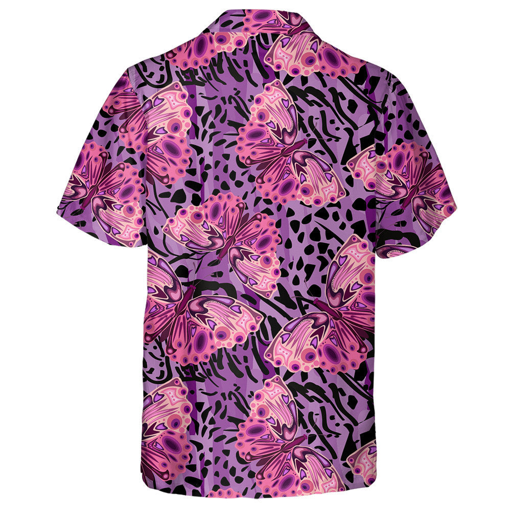 Pink Buterflies On Purple Leopard Texture Hawaiian Shirt,Hawaiian Shirt Gift, Christmas Gift