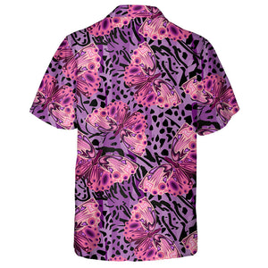 Pink Buterflies On Purple Leopard Texture Hawaiian Shirt,Hawaiian Shirt Gift, Christmas Gift