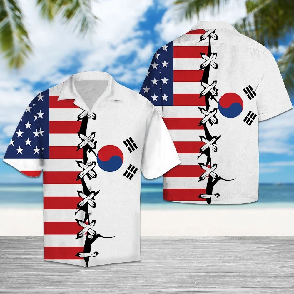 Flag Of South Korea And American Root Pattern Hawaiian Shirt, Hawaiian Shirt Gift, Christmas Gift