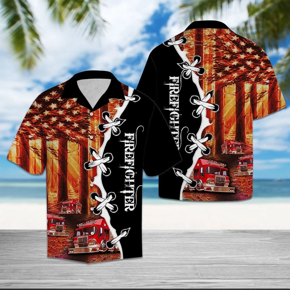 Best Gift For Firefighter Usa Flag Forest Pattern Hawaiian Shirt, Hawaiian Shirt Gift, Christmas Gift