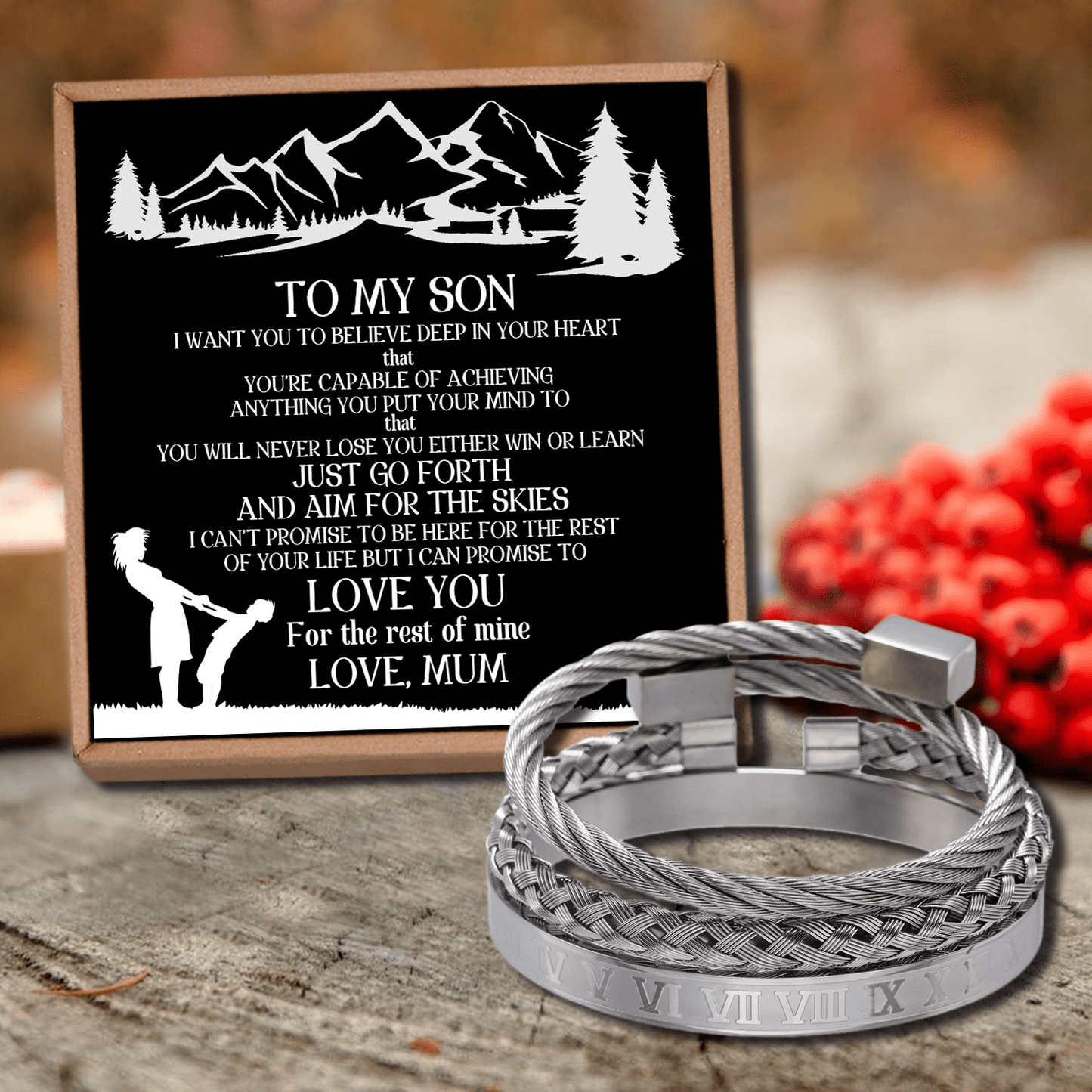 Mum To Son - Love You Roman Numeral Bangle Weave Bracelets Set
