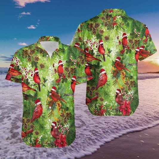 Green And Red Cardinal On Christmas Design Hawaiian Shirt, Hawaiian Shirt Gift, Christmas Gift