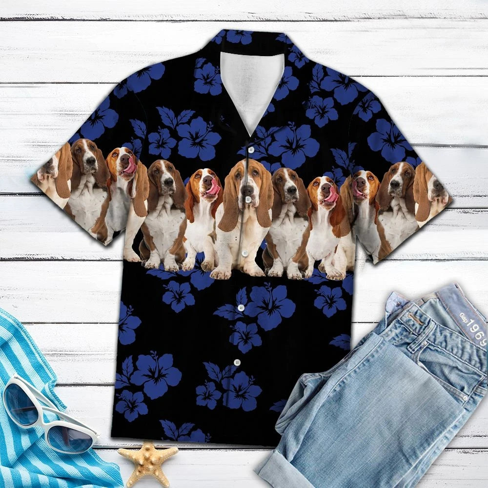Awesome Basset Hound Tropical Hibiscus On Black Pattern Hawaiian Shirt, Hawaiian Shirt Gift, Christmas Gift