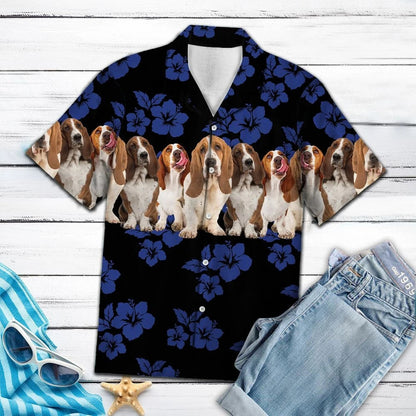 Awesome Basset Hound Tropical Hibiscus On Black Pattern Hawaiian Shirt, Hawaiian Shirt Gift, Christmas Gift