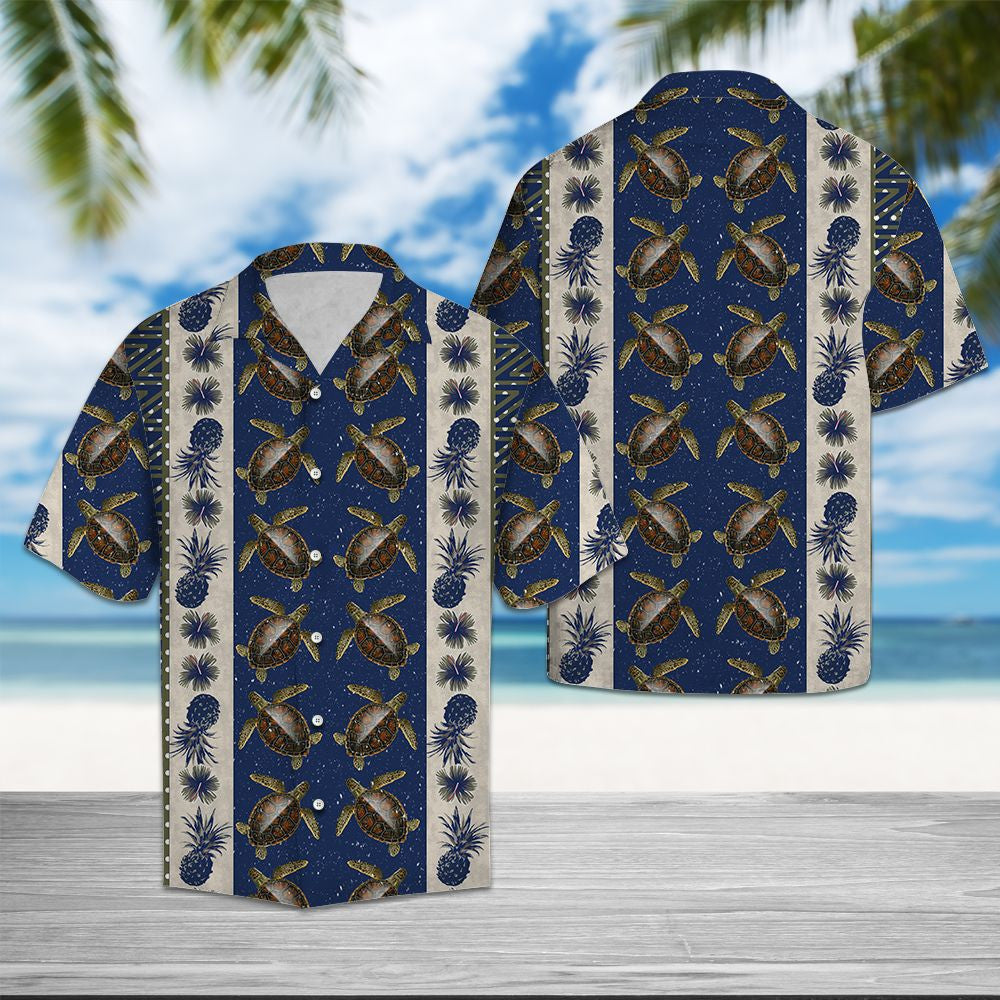 Navy Themed Sea Turtle Pineapple Hibiscus Pattern Hawaiian Shirt, Hawaiian Shirt Gift, Christmas Gift