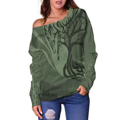 Celtic Tree of Life with Wolf Spirit Off Shoulder Sweater Crescent Crann Bethadh, Christmas Ugly Sweater, Christmas Gift, Gift Christmas 2024