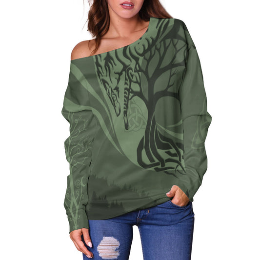 Celtic Tree of Life with Wolf Spirit Off Shoulder Sweater Crescent Crann Bethadh, Christmas Ugly Sweater, Christmas Gift, Gift Christmas 2024