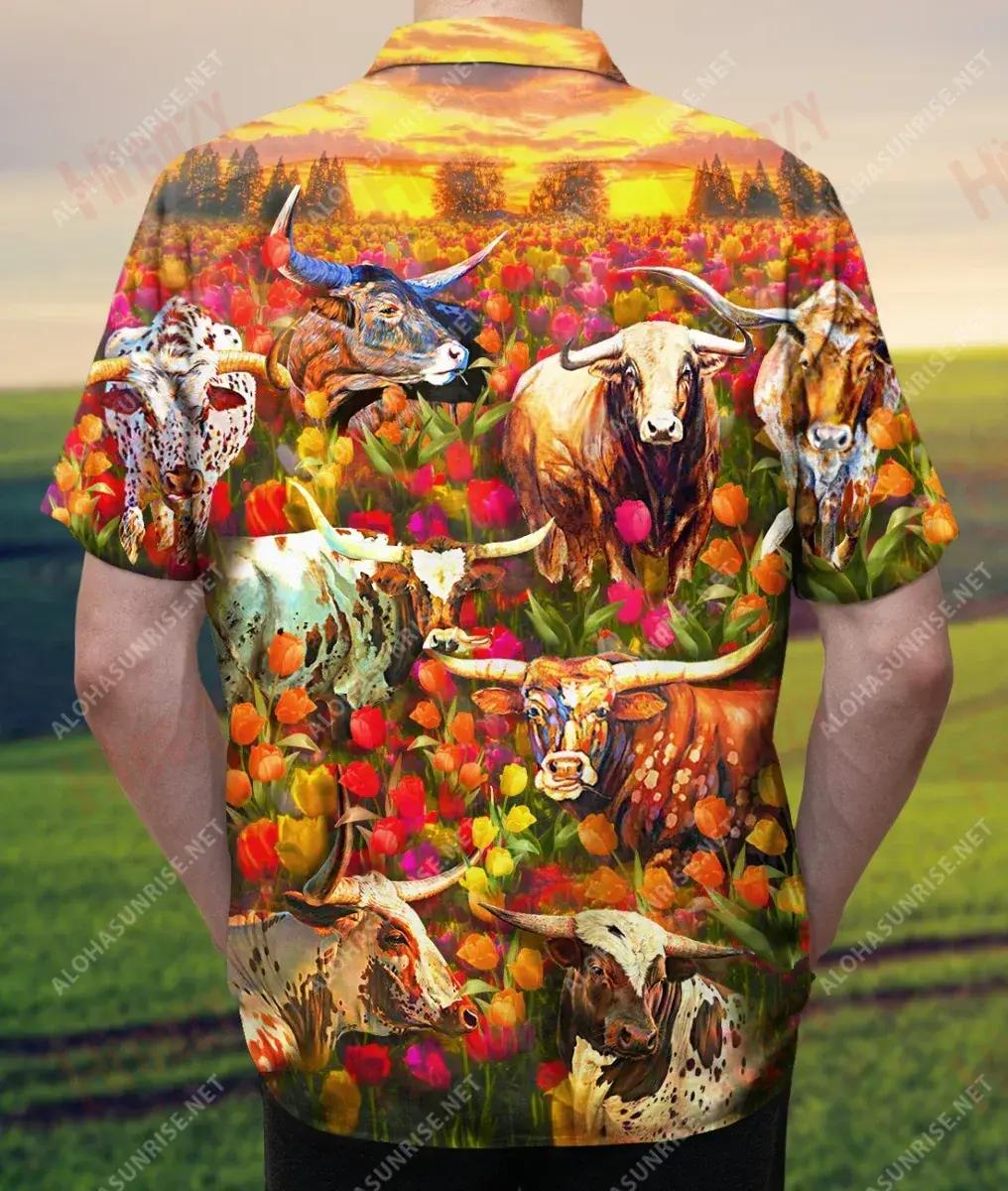 Texas Longhorn In Tulip Field Unisex Hawaiian Shirt Summer Short Sleeve Best Hawaiian Shirts Funny Hawaiian Shirts, Hawaiian Shirt Gift, Christmas Gift