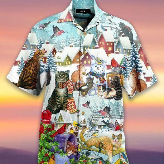Design Hawaiian Shirt Cat And Bird Merry Christmas,Hawaiian Shirt Gift, Christmas Gift
