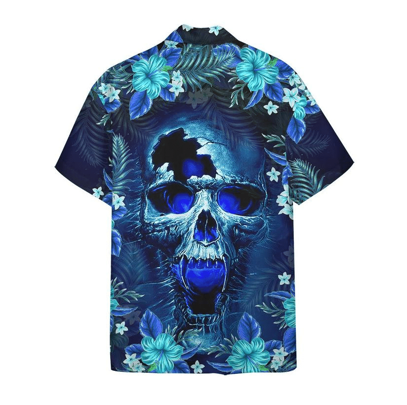 Blue Broken Skull And Flower Ornamental Hawaiian Shirt, Hawaiian For Gift