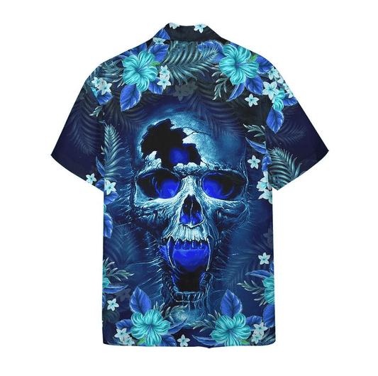 Blue Broken Skull And Flower Ornamental Hawaiian Shirt, Hawaiian For Gift